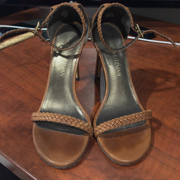 Stuart Weitzman Brown/Cognac Braided Straps Heels Round Size 6 - Picture 1 of 8